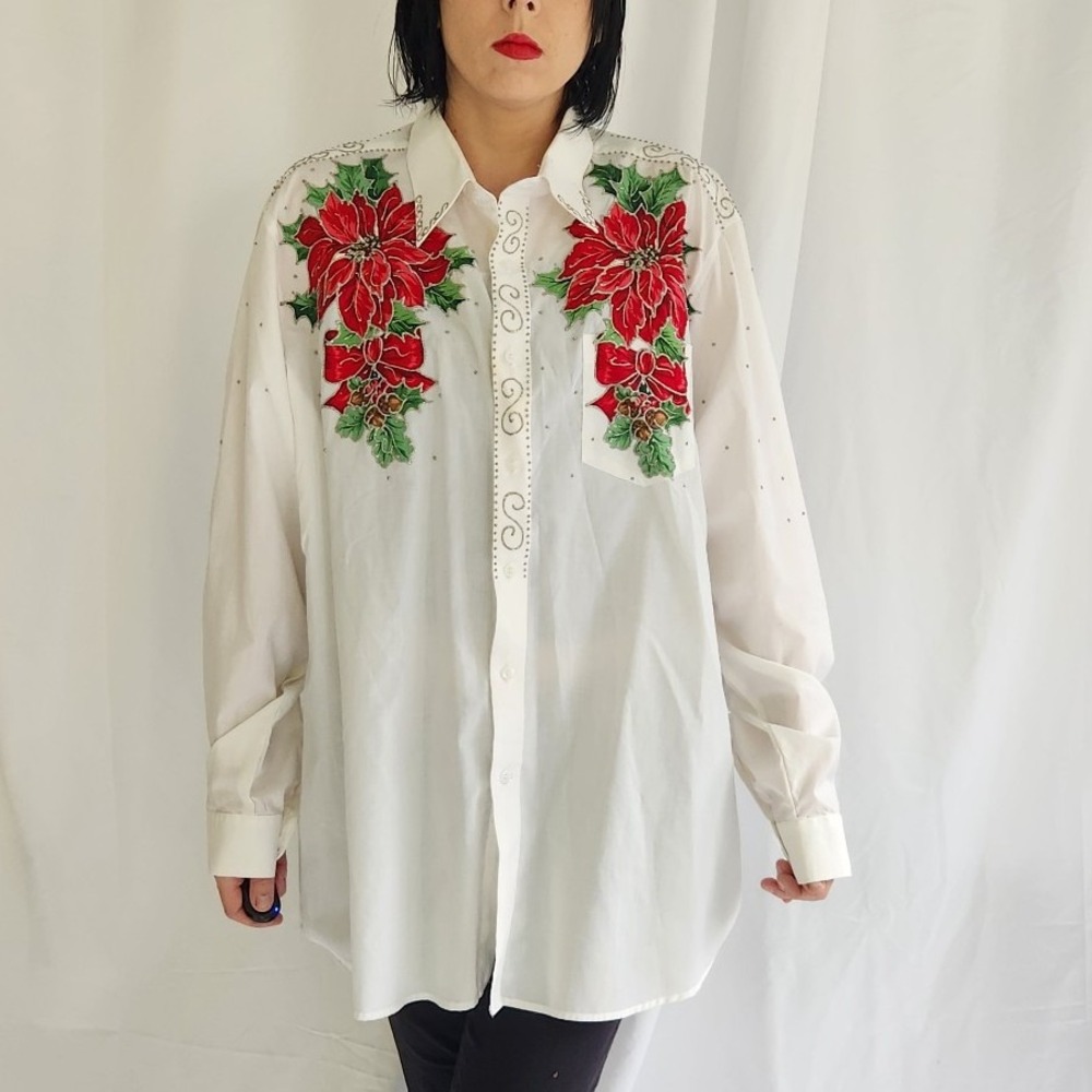 90s Hand Painted Christmas Poinsettia Button Down Shirt